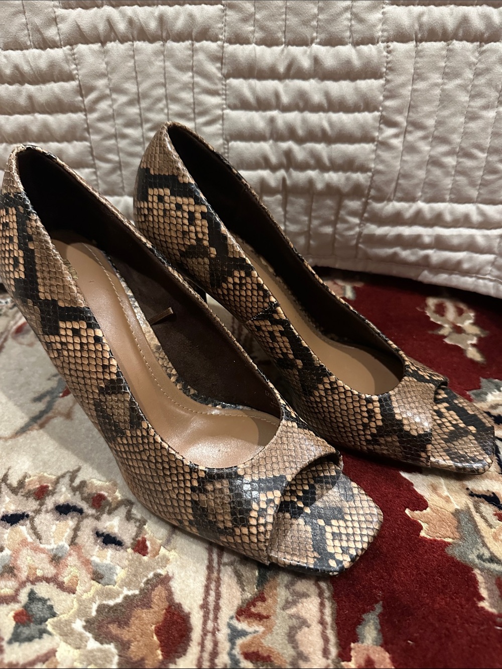Zara Snake-Print Peep Toe Pumps in Brown and Black 38 8